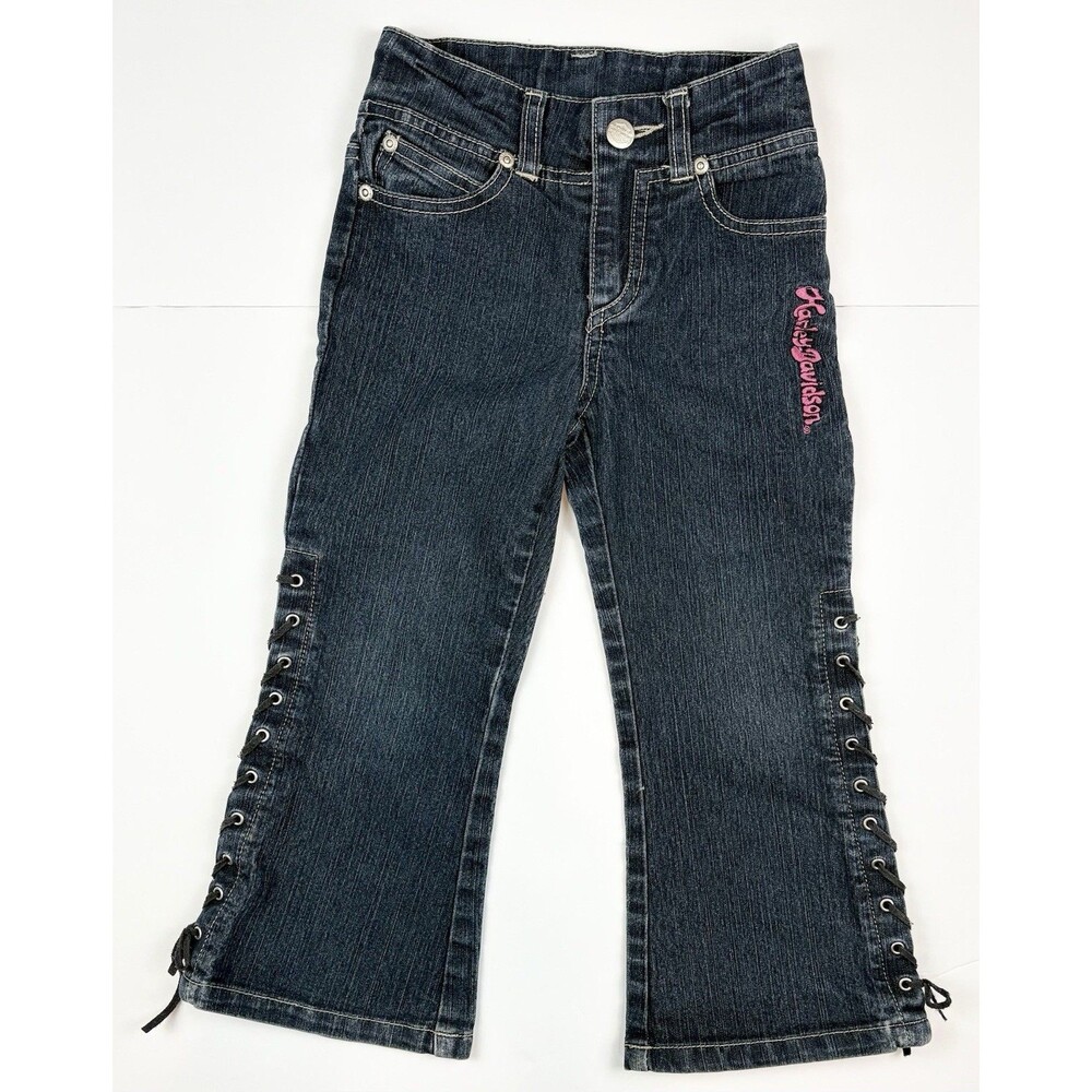 Girls Harley Davidson Flare Lace-up Denim Jeans Logo Motorcycle Biker, Size 4